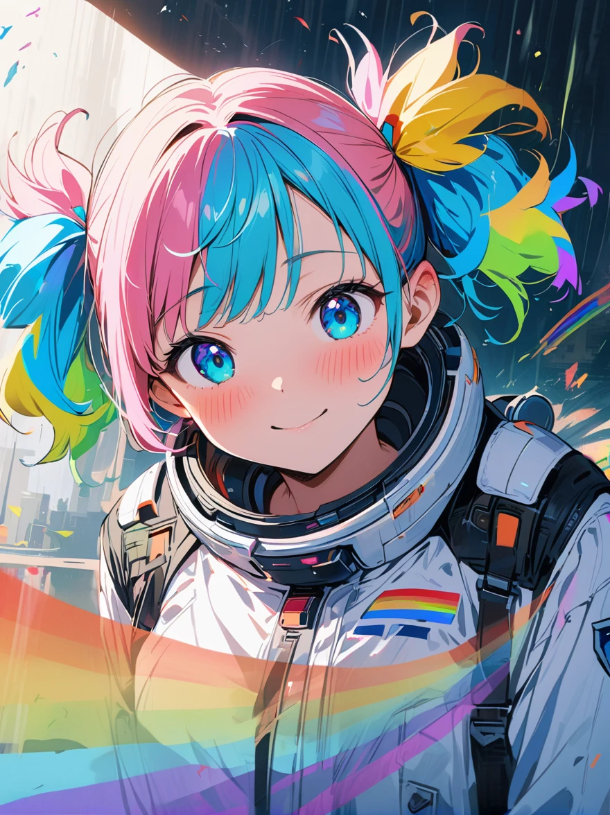 Hair shaking, victory, Long eyelashes, Solid round eye, A faint smile, ear blush, direction, (((Rainbow hair))), cosmetic, blush, sad, sad smile, shadow, Relief, Atmospheric perspective, 8K, Super Detail, precise, best quality, (Cyberpunk), Bright Lights, masterpiece,1 Girl, ((((Short twin tails)))), Colorful hair, flight, Pink bow,((16-year-old female model)), (Angel Halo) , Eye level shot, (((astronaut))), (((Cowboy shooting))), ((((( Splash of Color ))))), (((Technology for Dummies)))