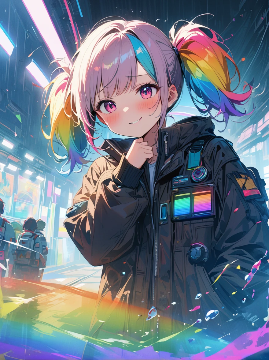 Hair shaking, victory, Long eyelashes, Solid round eye, A faint smile, ear blush, direction, (((Rainbow hair))), cosmetic, blush, sad, sad smile, shadow, Relief, Atmospheric perspective, 8K, Super Detail, precise, best quality, (Cyberpunk), Bright Lights, masterpiece,1 Girl, ((((Short twin tails)))), Colorful hair, flight, Pink bow,((16-year-old female model)), (Angel Halo) , Eye level shot, (((astronaut))), (((Cowboy shooting))), ((((( Splash of Color ))))), (((Technology for Dummies)))