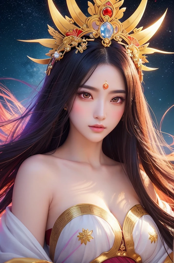 a girl from the magical world, (((Wearing a thin red dress with black lace: 1.2))), Long, silky black hair, most beautiful、The finest hair accessories, Pretty face with thin eyebrows, Tall, most beautiful、spotless face, ((Black Iris:0.8)), very beautiful eyes, big round eyes, ((Purple Eyes:1.1)), Delicate eyelash makeup, high nose, Wearing earrings, Little Red Lips, ruddy face, cleanface, Beautiful and flawless face, Light滑白皙的皮肤, ((Large Breasts:1.2)), (((Super firm and round breasts: 2.1))), super beautiful breasts, ((Breast Augmentation:1.5)), slim and fit, ((Thin waist: 0.9)), skirt, 8K photo, super high quality, Surreal, 10x super pixels, photo般逼真, Bright studio, border Light, two tone Light, Light滑白皙的皮肤, (High detail skin: 1.2), 8K uhd, Digital SLR Camera, soft Light, high quality, volumetric Light, frank, photo, high resolution, Light, 最好的photo, 4k picture quality, 8K, Bokeh, Light滑锋利, 10 times more pixels, (Background Space: 1.8), (galaxy: 1.7), 极Light, Lightning, Super Graphics, The most realistic graphics,(极Light背景: 1.8), Solitary, Solitary, Upper Body, Portrait 9:16, Extremely sharp, Surreal images,