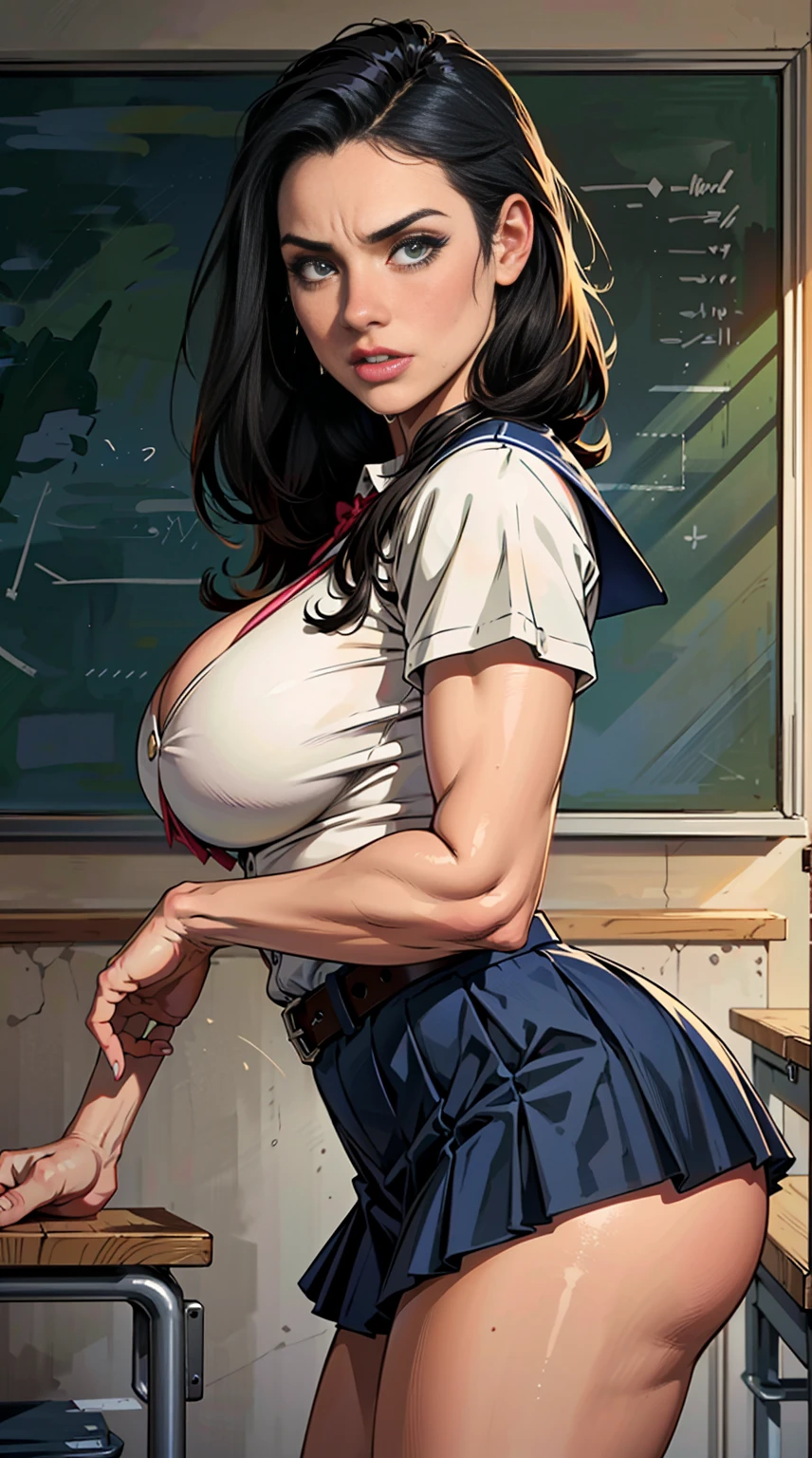 masterpiece, best quality, illustration, Super detailed, fine details, High resolution, 8K,wall paper, perfect dynamic composition,(Details High quality, realistic depiction of eyes:1.3), from side, High School Classroom、High school girl uniform、blazer 、Super Short Check Uniform Skirt、Navy blue high socks、garterbelts、Colossal 、Disturbed uniform,  straight hair, black hair color, huge breasts, Big Natural Color Lip, bold sexy pose, (perfect body shape), crying a little、Harajuku style、20 year old girl、 beautiful legs, hposing Gravure Idol, Voluptuous thighs