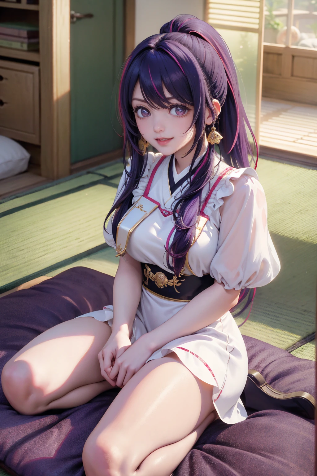 1girl, There hoshino_(Oshi no Ko), centered girl, perfectly body, perfectly hands, solo, jewelry, white roses on the floor, ornament hair, ponytail only a one side, rabbit jewel on her hair, purple hair, long hair, seat on a futon, white dress, pink gloves, idol dress, oriental architecture, traditional Japanese design home, japanese style, japanese door, bedroom scenery, more details on her clothes, golden details, night, smiling