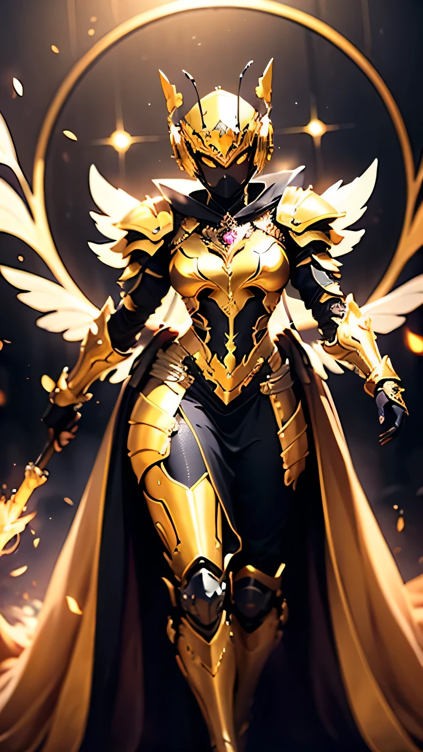 A woman adorned in fantasy-style full-body armor, a crown-concept fully enclosed helmet that unveils only her eyes, a composite layered chest plate, fully encompassing shoulder and hand guards, a lightweight waist armor, form-fitting shin guards, the overall design is heavy-duty yet flexible, (the armor gleams with a golden glow, complemented by red and blue accents), exhibiting a noble aura, she floats above a fantasy-surreal high-tech city, this character embodies a finely crafted fantasy-surreal style armored hero in anime style, exquisite and mature manga art style, (mixture of Queen bee and Spider concept Armor, plasma), ((Element, elegant, goddess, femminine:1.5)), metallic, high definition, best quality, highres, ultra-detailed, ultra-fine painting, extremely delicate, professional, anatomically correct, symmetrical face, extremely detailed eyes and face, high quality eyes, creativity, RAW photo, UHD, 32k, Natural light, cinematic lighting, masterpiece-anatomy-perfect, masterpiece:1.5