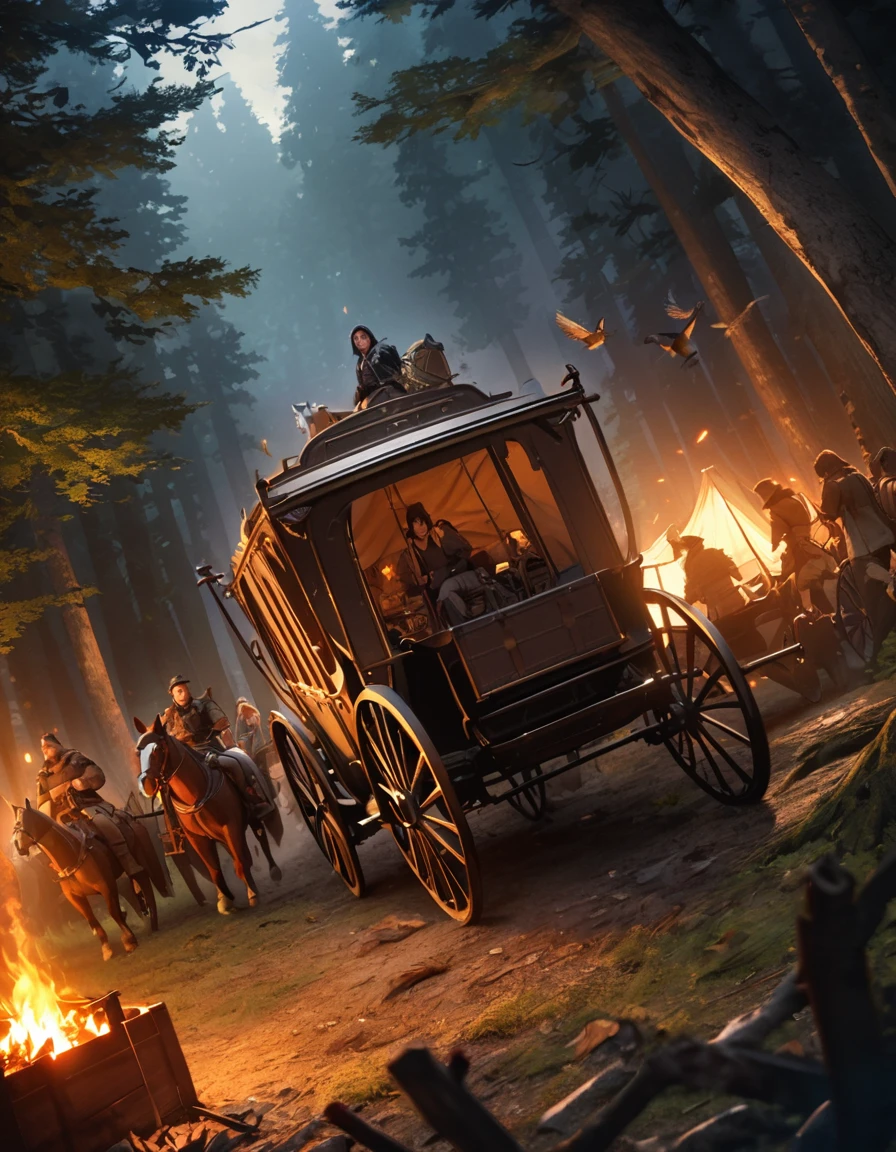 A steel cage box shaped covered by leather, surrounded by bandits, couple horse carriage, campfire, middle of the forest, tent, bird view angle, dark fantasy, cinematic lighting
