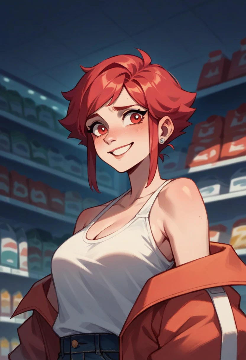 Masterpiece , best quality , Masterpiece , best quality , 1 woman , red eyes , pink hair , sly face , smile , black bikini , abdomen , big breasts , hands on hips , shop