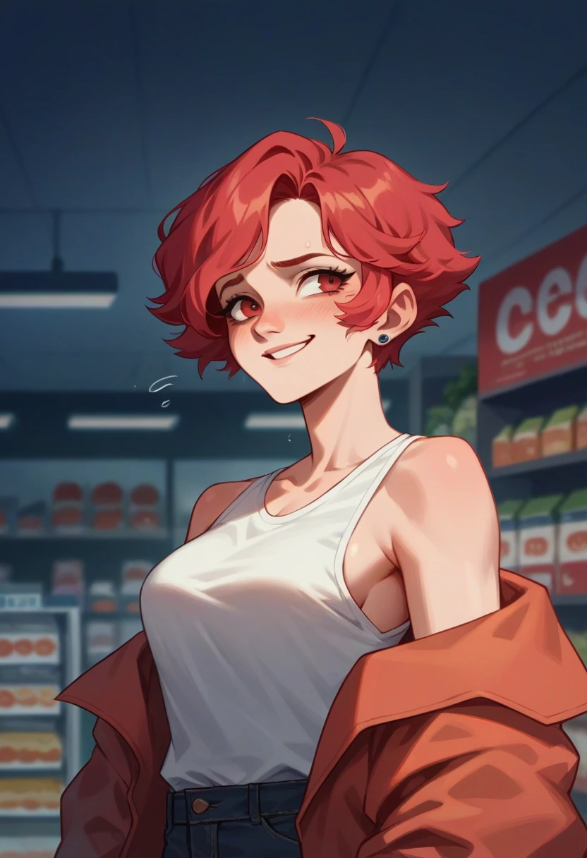 Crimson hair meek, shy, b cups, white polo tucked into black jeans, small smile, convenience store, convenience store worker, distant view
Important directions: use image hair, use image body, use prompt clothing, adult