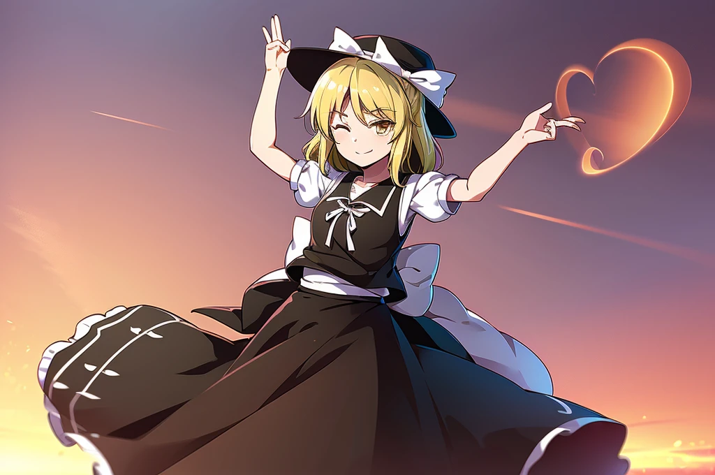 1girl, , , masterpiece, best quality, , medium blonde hair, forehead visible bags, yellow eyes, hat, heart, black headwear, puffy short sleeves, log black skirt, heart hads,,1girl, solo, yellow eyes, yellow hair, bow, hat bow, socks, black footwear, black skirt, short sleeves, yuki (touhou), black vest, white sleeves, frill skirt, light smile, from behind, to lift up one’s skirt, cowboy shot, from front, standing , raise one leg, crossed arms, arms up behind, arms behind back, hand between legs, put hands hip, one hand on hip, forward hands, arms raised in the air, punch hands, peace sign, waving, put up index finger, sit, lie down, closed eyes, lie face down, looking back, put one hand chest, leaning forward, cleavage, close up, horizontally outstretched arms, horizontally outstretched legs, front view, front face