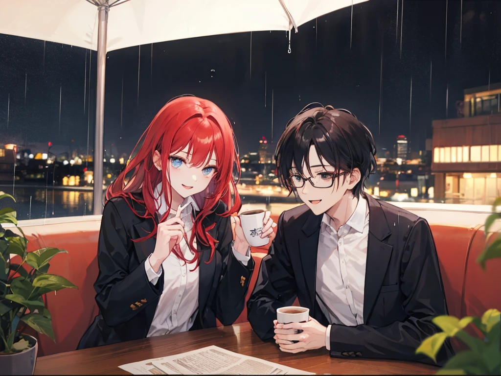 A red-haired woman and a black-haired man with glasses are drinking coffee and talking happily at night and it is raining, 28 years old
