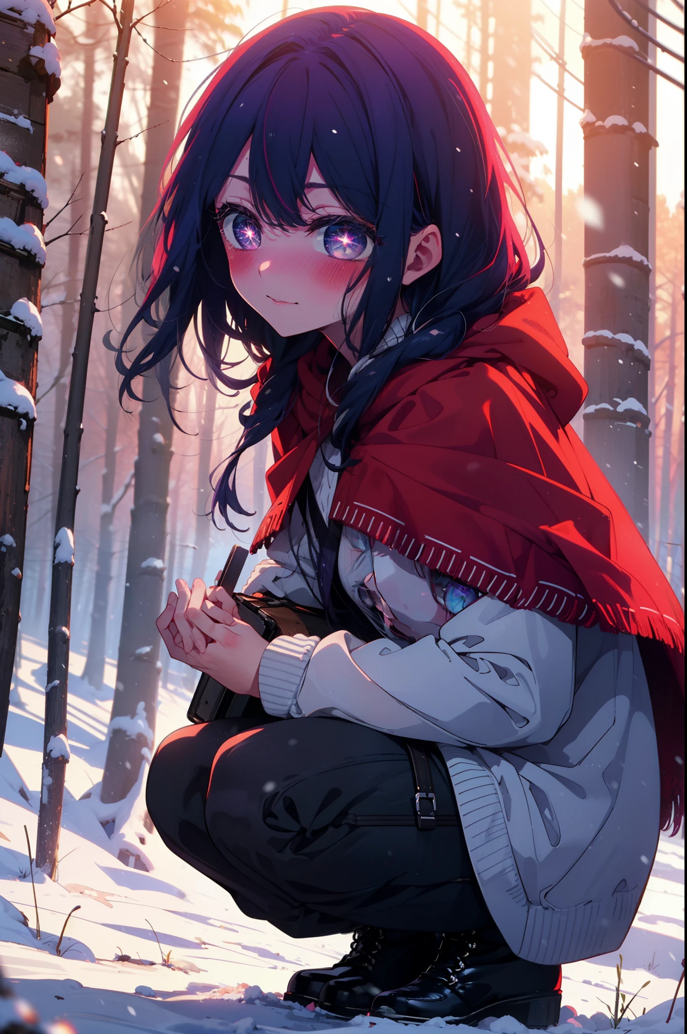 aihoshino, ai hoshino, Long Hair, bangs, (Purple eyes:1.1), Purple Hair, (Symbol-shaped pupil:1.5), smile,,smile,blush,White Breath,
Open your mouth,snow,Ground bonfire, Outdoor, boots, snowing, From the side, wood, suitcase, Cape, Blurred, , forest, White handbag, nature, Squat, Mouth closed, Cape, winter, Written boundary depth, Black shoes, red Cape break looking at viewer, Upper Body, whole body, break Outdoor, forest, nature, break (masterpiece:1.2), Highest quality, High resolution, unity 8k wallpaper, (shape:0.8), (Beautiful and beautiful eyes:1.6), Highly detailed face, Perfect lighting, Extremely detailed CG, (Perfect hands, Perfect Anatomy),