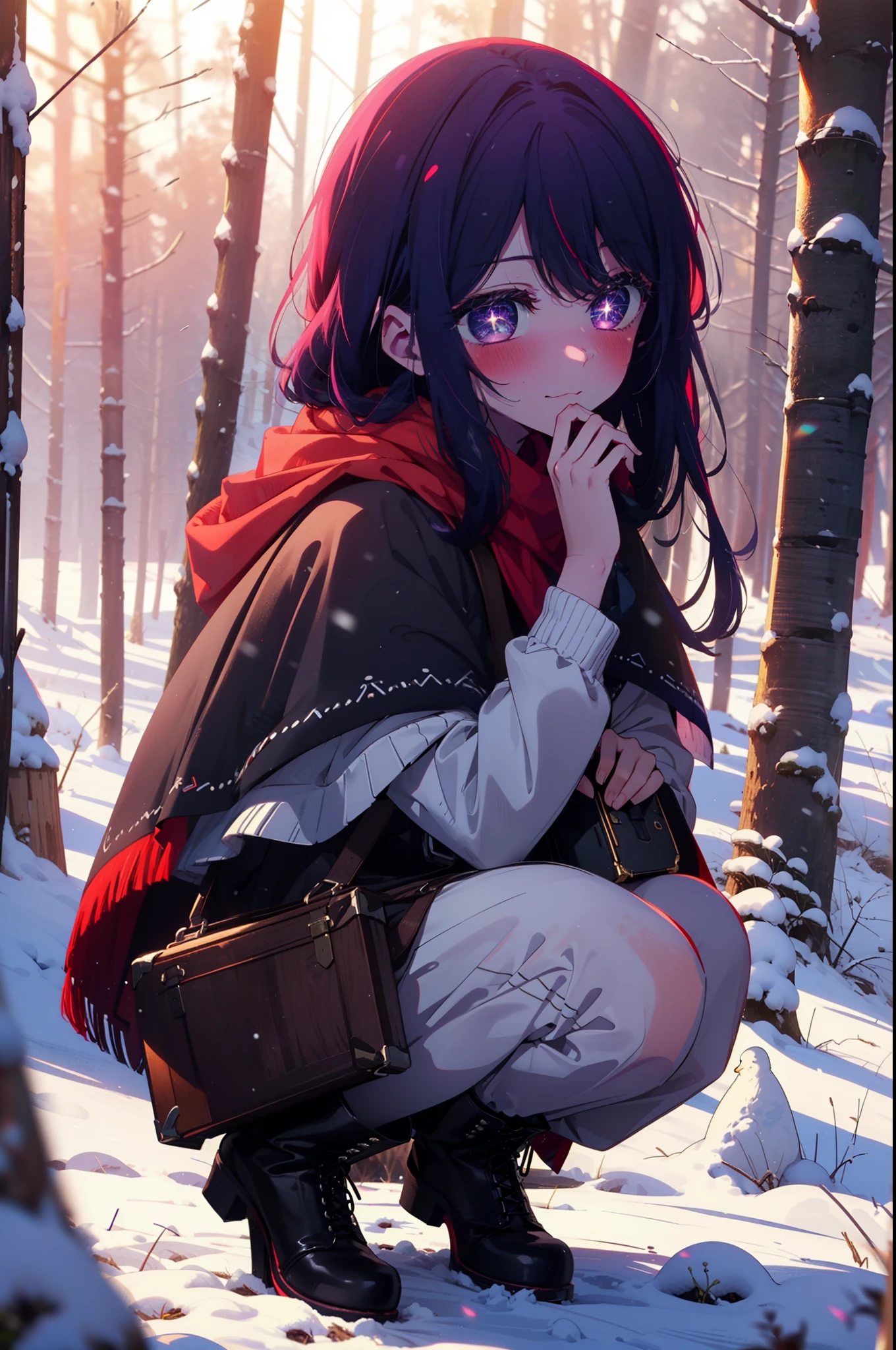 aihoshino, ai hoshino, Long Hair, bangs, (Purple eyes:1.1), Purple Hair, (Symbol-shaped pupil:1.5), smile,,smile,blush,White Breath,
Open your mouth,snow,Ground bonfire, Outdoor, boots, snowing, From the side, wood, suitcase, Cape, Blurred, , forest, White handbag, nature,  Squat, Mouth closed, Cape, winter, Written boundary depth, Black shoes, red Cape break looking at viewer, Upper Body, whole body, break Outdoor, forest, nature, break (masterpiece:1.2), Highest quality, High resolution, unity 8k wallpaper, (shape:0.8), (Beautiful and beautiful eyes:1.6), Highly detailed face, Perfect lighting, Extremely detailed CG, (Perfect hands, Perfect Anatomy),