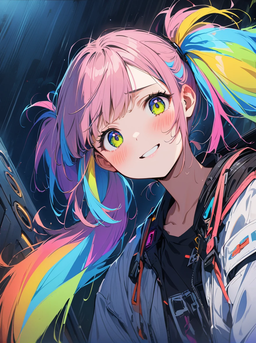 Hair shaking, victory, Long eyelashes, Solid round eye, A faint smile, ear blush, direction, (((Rainbow hair))), cosmetic, blush, sad, sad smile, shadow, Relief, Atmospheric perspective, 8K, Super Detail, precise, best quality, (Cyberpunk), Bright Lights, masterpiece,1 Girl, ((((Short twin tails)))), Colorful hair, flight, Pink bow,((16-year-old female model)), (Angel Halo) , Eye level shot, (((astronaut))), (((Cowboy shooting))), ((((( Splash of Color ))))), (((Technology for Dummies)))