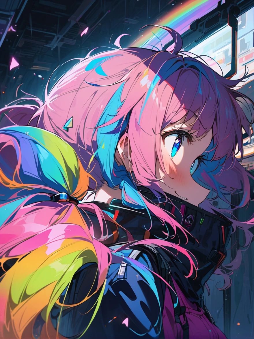 Hair shaking, victory, Long eyelashes, Solid round eye, A faint smile, ear blush, direction, (((Rainbow hair))), cosmetic, blush, sad, sad smile, shadow, Relief, Atmospheric perspective, 8K, Super Detail, precise, best quality, (Cyberpunk), Bright Lights, masterpiece,1 Girl, ((((Short twin tails)))), Colorful hair, flight, Pink bow,((-yeld fee model)), (Angel Halo) , Eye level shot, (((astronaut))), (((Cowboy shooting))), ((((( Splash of Color ))))), (((Technology for Dummies)))