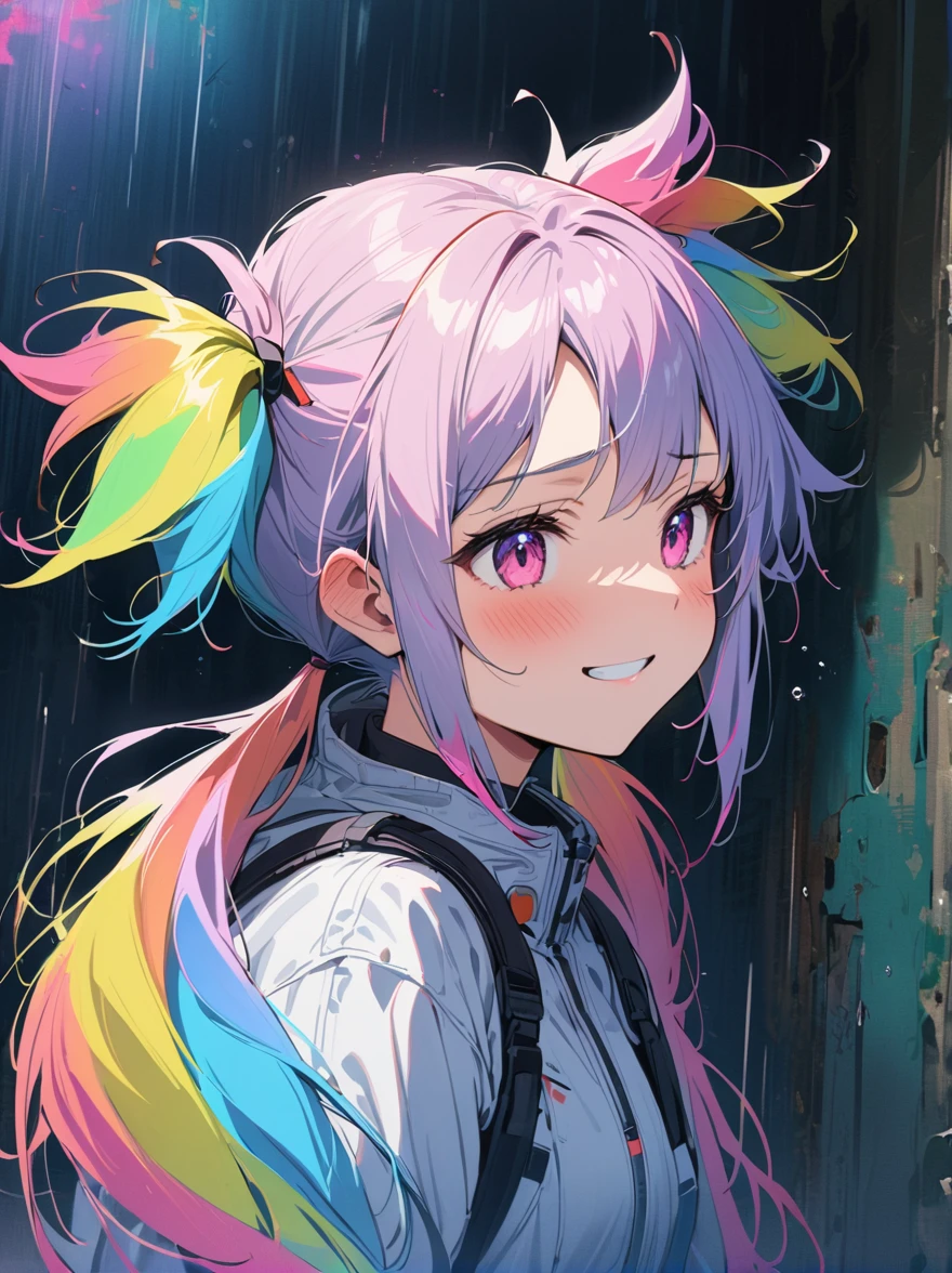 Hair shaking, victory, Long eyelashes, Solid round eye, A faint smile, ear blush, direction, (((Rainbow hair))), cosmetic, blush, sad, sad smile, shadow, Relief, Atmospheric perspective, 8K, Super Detail, precise, best quality, (Cyberpunk), Bright Lights, masterpiece,1 Girl, ((((Short twin tails)))), Colorful hair, flight, Pink bow,((16-year-old female model)), (Angel Halo) , Eye level shot, (((astronaut))), (((Cowboy shooting))), ((((( Splash of Color ))))), (((Technology for Dummies)))
