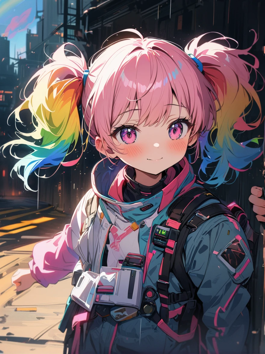 Hair shaking, victory, Long eyelashes, Solid round eye, A faint smile, ear blush, direction, (((Rainbow hair))), cosmetic, blush, sad, sad smile, shadow, Relief, Atmospheric perspective, 8K, Super Detail, precise, best quality, (Cyberpunk), Bright Lights, masterpiece,1 Girl, ((((Short twin tails)))), Colorful hair, flight, Pink bow,((16-year-old female model)), (Angel Halo) , Eye level shot, (((astronaut))), (((Cowboy shooting))), ((((( Splash of Color ))))), (((Technology for Dummies)))