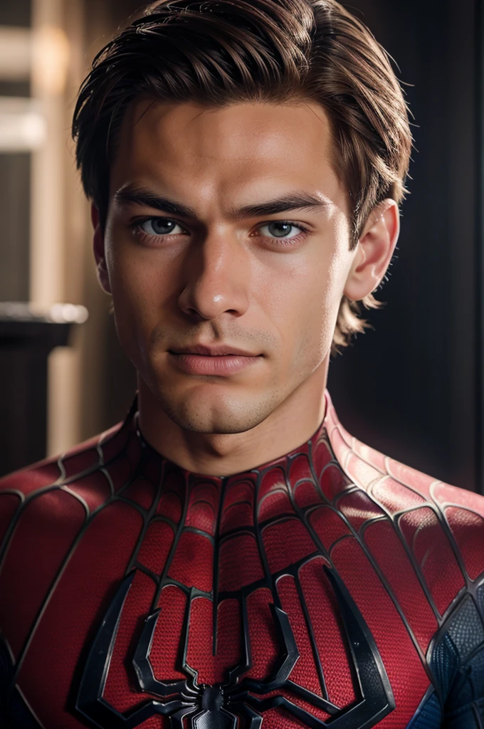 A photograph of spider man, no mask, 20 yo, handsome, detailed face, looking at camera, portrait, 8k uhd, high quality