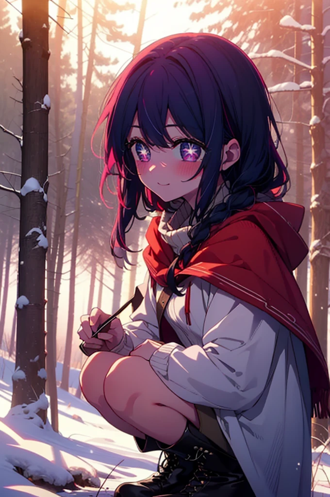 aihoshino, ai hoshino, Long Hair, bangs, (Purple eyes:1.1), Purple Hair, (Symbol-shaped pupil:1.5), smile,,smile,blush,White Breath,
Open your mouth,snow,Ground bonfire, Outdoor, boots, snowing, From the side, wood, suitcase, Cape, Blurred, , forest, White handbag, nature,  Squat, Mouth closed, Cape, winter, Written boundary depth, Black shoes, red Cape break looking at viewer, Upper Body, whole body, break Outdoor, forest, nature, break (masterpiece:1.2), Highest quality, High resolution, unity 8k wallpaper, (shape:0.8), (Beautiful and beautiful eyes:1.6), Highly detailed face, Perfect lighting, Extremely detailed CG, (Perfect hands, Perfect Anatomy),