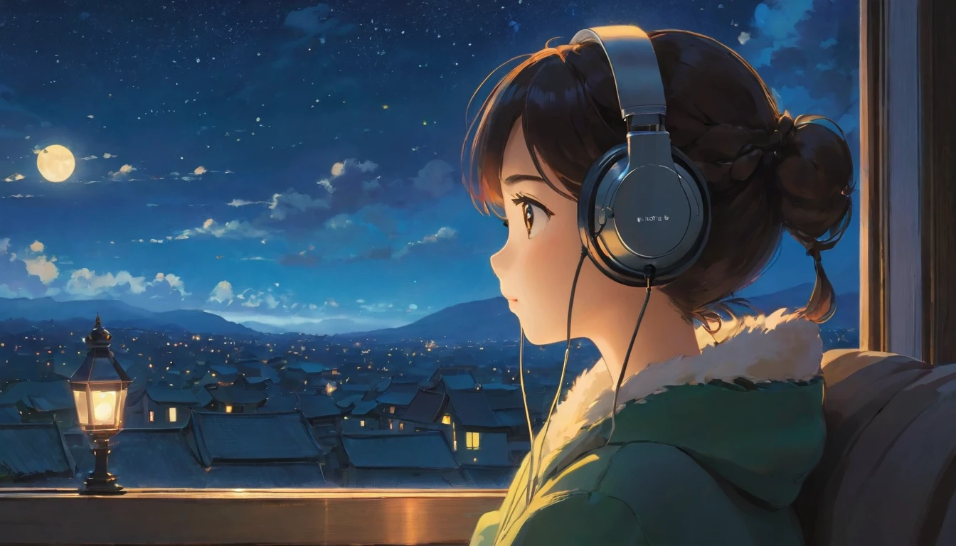 The style of Ghibli animation,The night sky appears deep and calm,The clouds are very thick,The moonlight shines through the gaps in the clouds,Appear soft and warm。A girl,Sitting by the window,Wearing headphones,His eyes were staring into the distance,My thoughts wander in the cold night of Beginning of Winter,There is a touch of tranquility and warmth on the face。(best quality,4k,8K,High resolution,masterpiece:1.2),Extremely detailed.