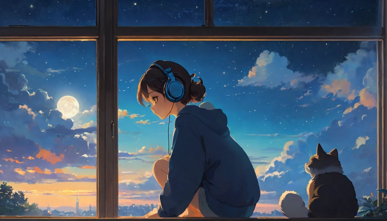 The style of Ghibli animation,The night sky appears deep and calm,The clouds are very thick,The moonlight shines through the gaps in the clouds,Appear soft and warm。A girl,Sitting by the window,Wearing headphones,His eyes were staring into the distance,My thoughts wander in the cold night of Beginning of Winter,There is a touch of tranquility and warmth on the face。(best quality,4k,8K,High resolution,masterpiece:1.2),Extremely detailed.