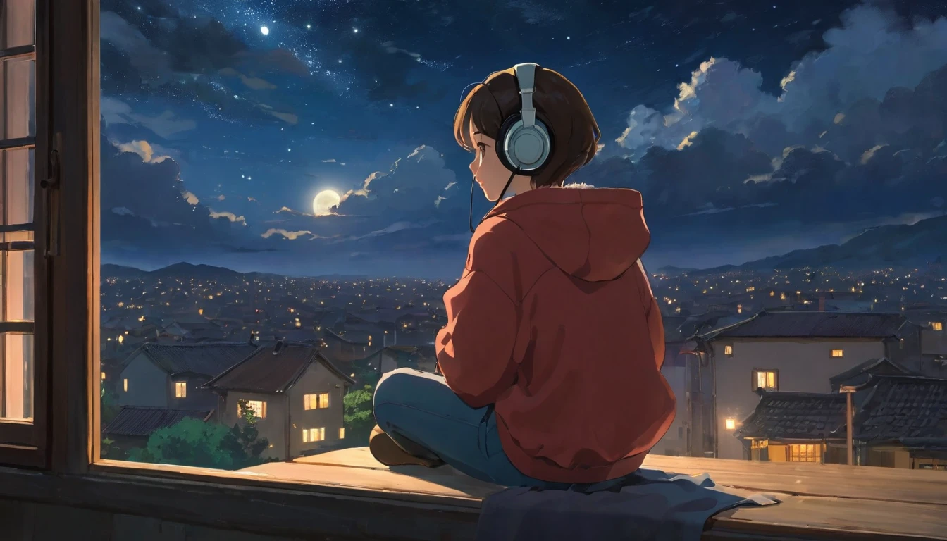The style of Ghibli animation，The night sky appears deep and calm，The clouds are very thick，The moonlight shines through the gaps in the clouds，Appear soft and warm。A girl，Sitting by the window，Wearing headphones，His eyes were staring into the distance，My thoughts wander in the cold night of Beginning of Winter，There is a touch of tranquility and warmth on the face。(best quality,4k,8K,High resolution,masterpiece:1.2),Extremely detailed.