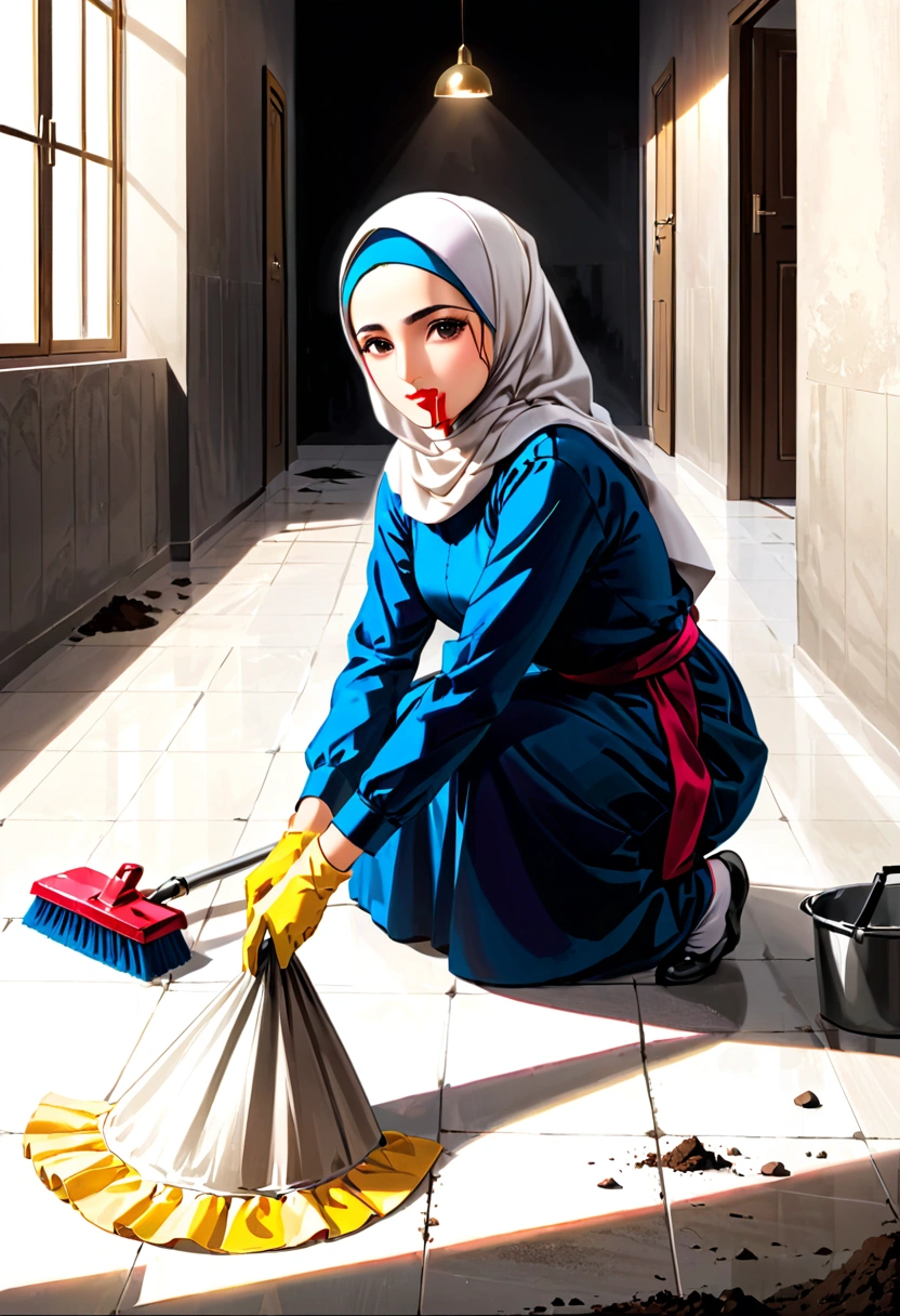 Kurdish woman in straight hijab cleaning the ground housekeeping sitting 