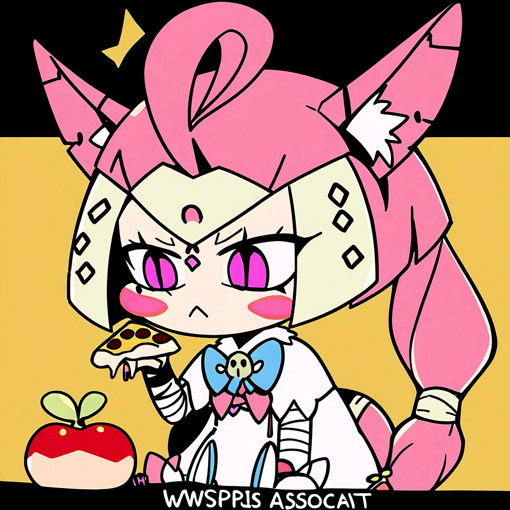 ASCIIeocat, simple_background, yellow_background, white border,holding pizza, ankha,1girl yellow_fur, snake_hair_ornament,cat_girl, bob_cut, yellow_fur, bandages, white_dress,:<, frown,