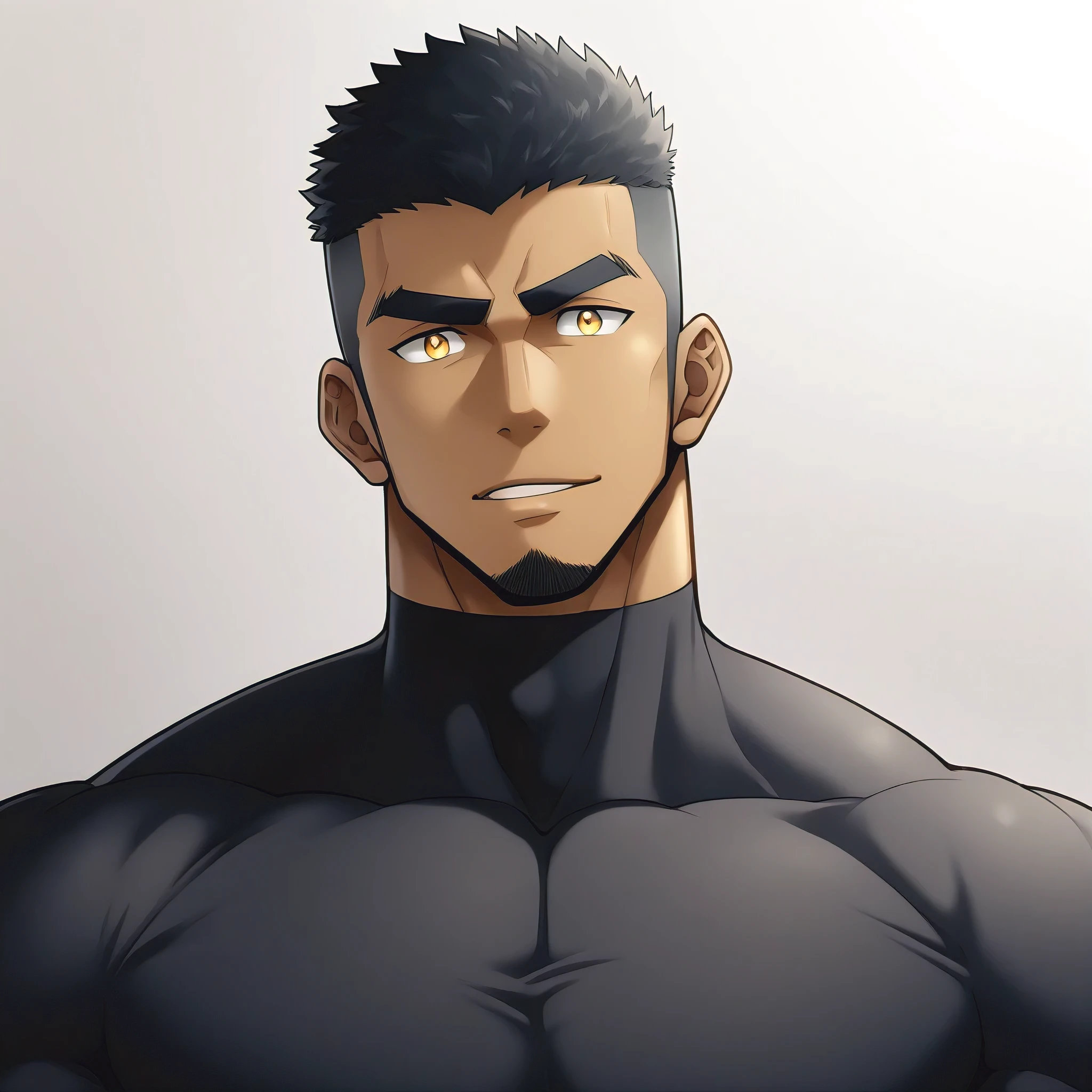 one negro, anime characters：Gyee, Hibino Kafka, Muscle Sports Student, negro black skin, Very Black, 1 muscular tough guy, Manliness, male focus, Dark grey turtleneck tight T-shirt,  Regular symmetrical pattern, Very tight, The pectoral muscles are oversized, muscular male, muscular, only, Upper body, alone, Black short hair, Thick eyebrows, stubble, Yellow eyes, White background, simple background, amazing quality, best aesthetics, Ridiculous, bright pupils, crew cut, parted lips, seductive smile, torogao, naughty face, best quality