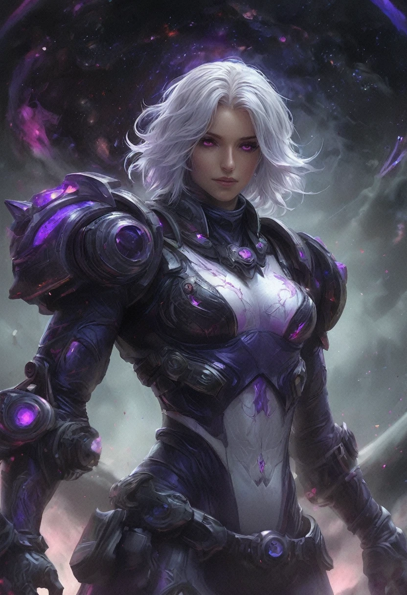 ((1girl)),starry_background,intense shadows,lens_flare, day,white_background,fighting_stance,agent,glamor,white hair,halo,byzantine_fashion,mature,short hair,space_suit, monkren