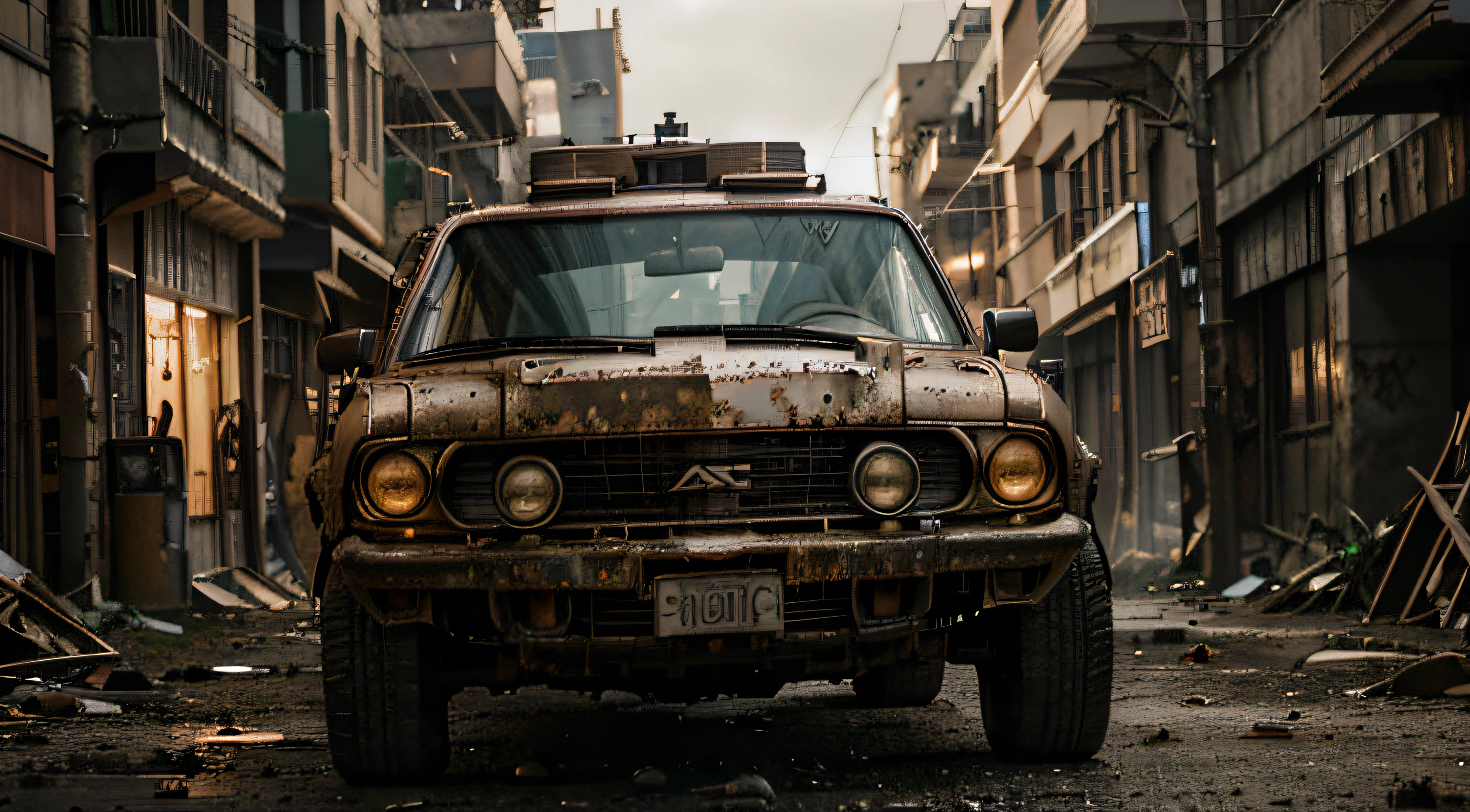 original photo, Portrait photo of a rusty steampunk car, Survive, Post-apocalyptic, Cyberpunk, outdoor, night, destroy, Urban decay, (High Detail Skin: 1.2), 8K Ultra HD, Digital SLR Camera, Soft Light, high quality, Film Grain, Fuji XT3 Information