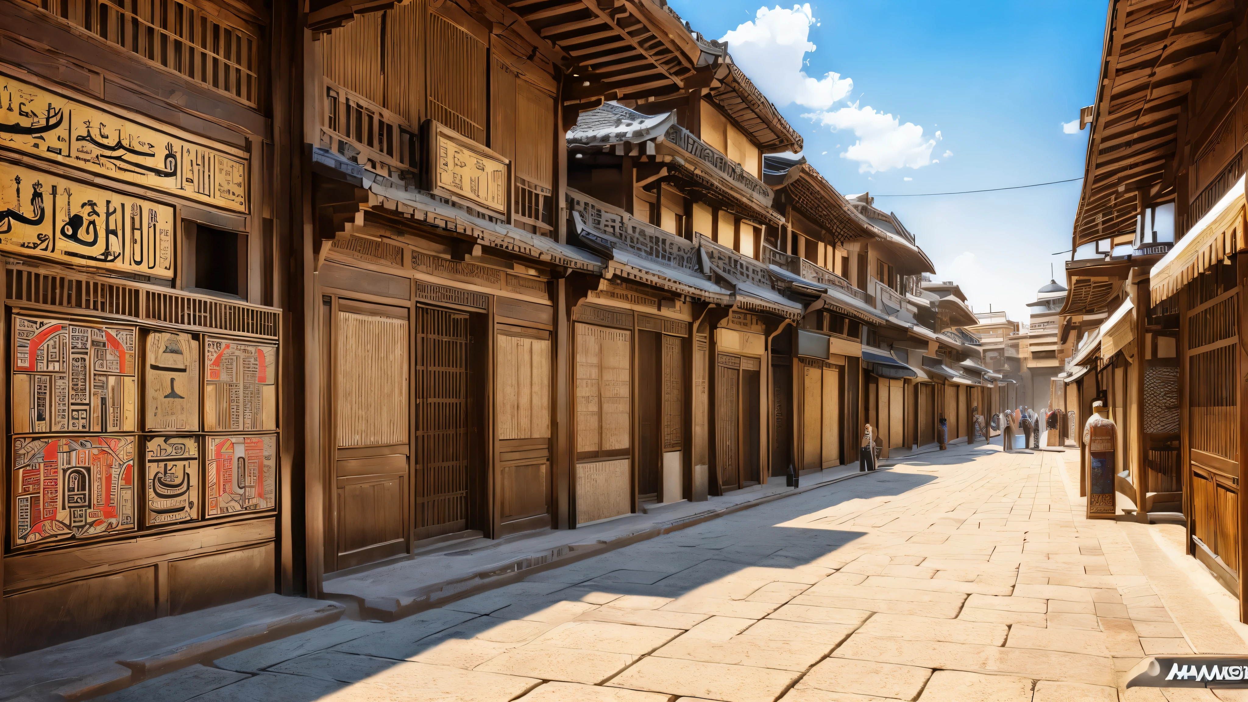 ((background only:2))(absurdres, highres, ultra detailed),masterpiece,best quality,high resolution,8k, stunning clarity,,Steampunk in the Edo Period、(Vivid hieroglyph signs and street advertisements:1.2)、busy、autumn、hieroglyph,souk、Shopping Street、Ancient Egyptian statues,Daytime,kimono with arabic mozaic,