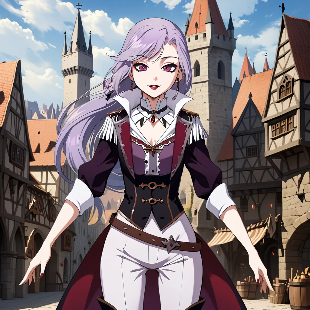 1girl, solo, Sonata, purple hair, vampire, medieval city background