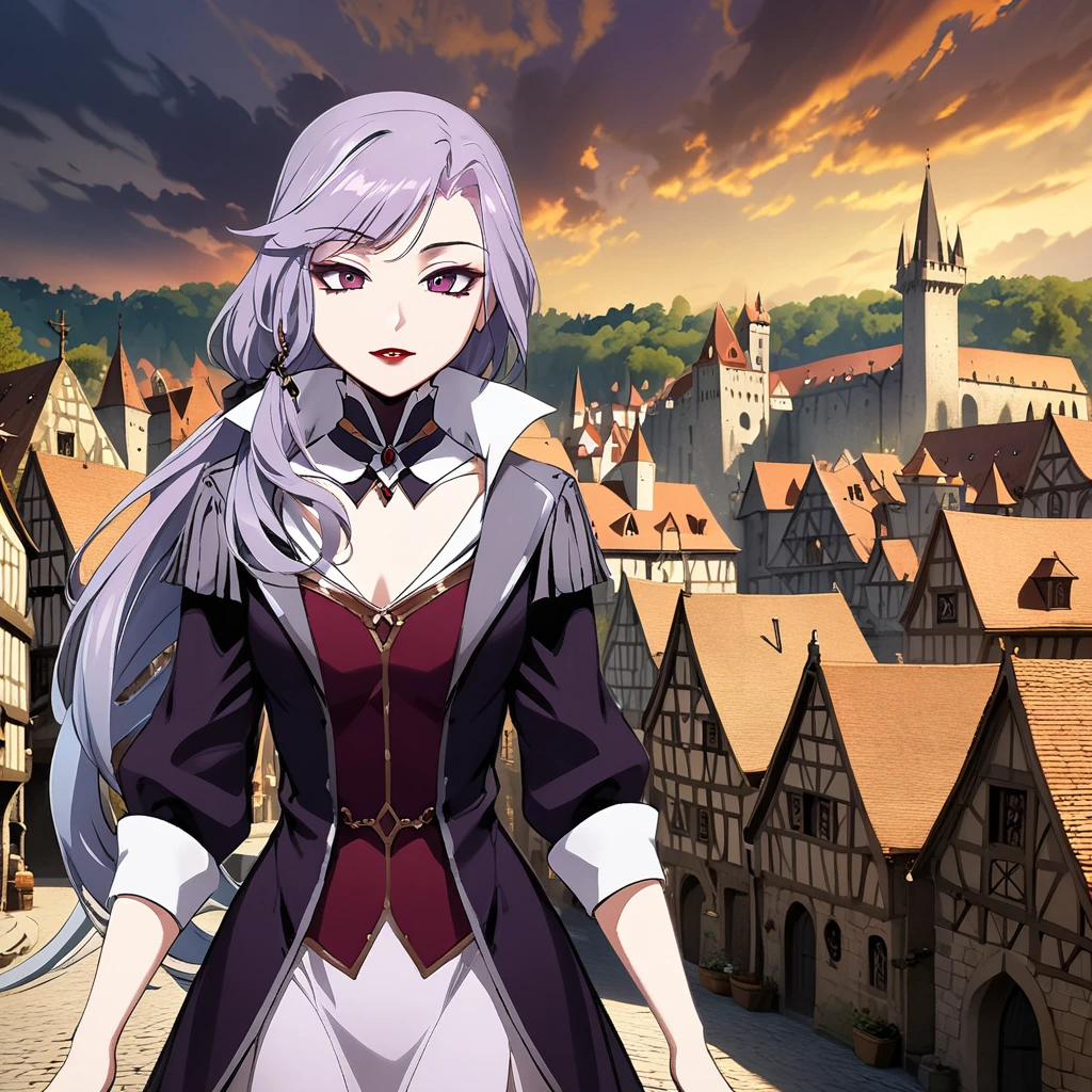 1girl, solo, Sonata, purple hair, vampire, medieval city background