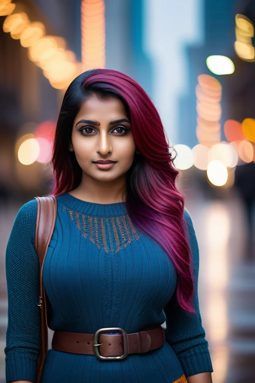 cinematic photo 24 yo Indian woman, elegant knitted outfit, colourful hair, medium length hair, intense detailed eyes, wide belt, standing, city, bokeh, big breasts, micro waist, .35mm photograph, film, bokeh, professional, 4k, highly detailed, Fujifilm XT3 sharp focus, f 5.6, High Detail, Sharp focus, dramatic, interstellar, film grain, Surrealism
