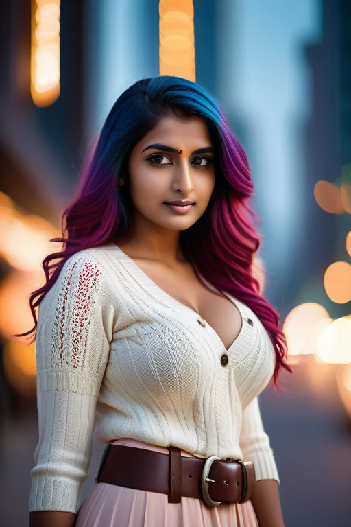 cinematic photo 24 yo Indian woman, elegant knitted outfit, colourful hair, medium length hair, intense detailed eyes, wide belt, standing, city, bokeh, big breasts, micro waist, .35mm photograph, film, bokeh, professional, 4k, highly detailed, Fujifilm XT3 sharp focus, f 5.6, High Detail, Sharp focus, dramatic, interstellar, film grain, Surrealism
