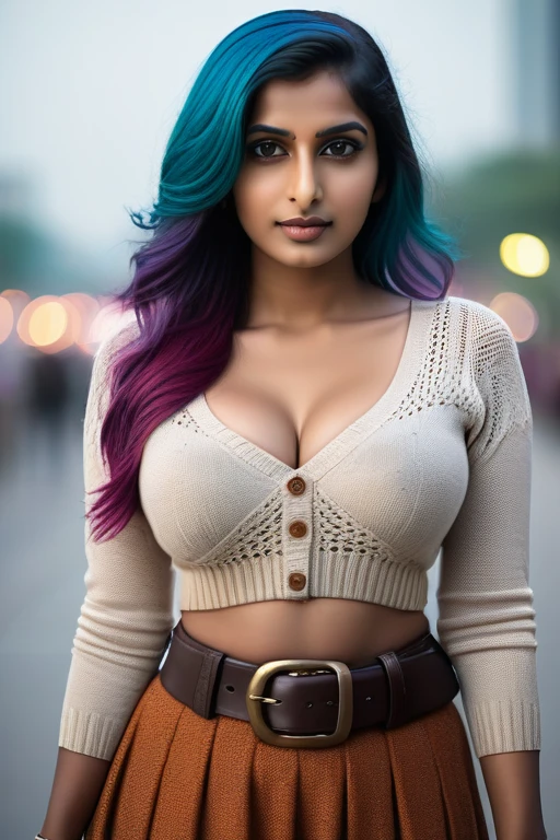 cinematic photo 24 yo Indian woman, elegant knitted outfit, colourful hair, medium length hair, intense detailed eyes, wide belt, standing, city, bokeh, big breasts, micro waist, .35mm photograph, film, bokeh, professional, 4k, highly detailed, Fujifilm XT3 sharp focus, f 5.6, High Detail, Sharp focus, dramatic, interstellar, film grain, Surrealism
