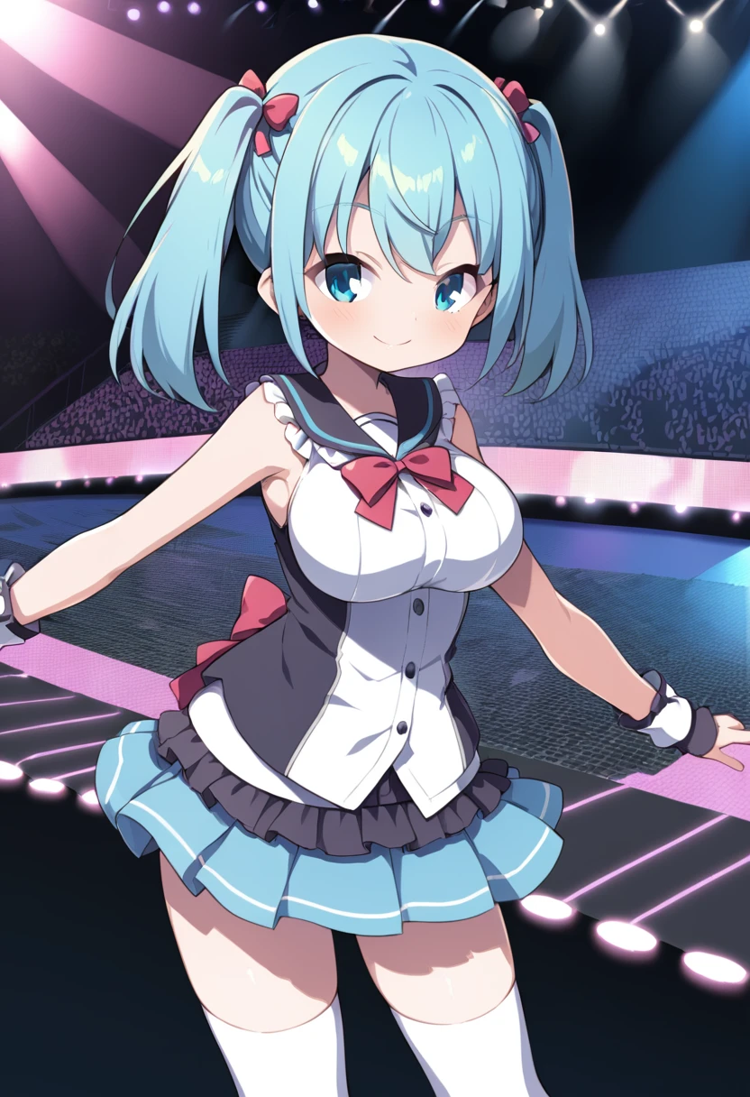 twintails, hair ornament, aqua hair, hair bobbles, short hair, aqua eyes,13years old,, large breasts, live stage, solo,