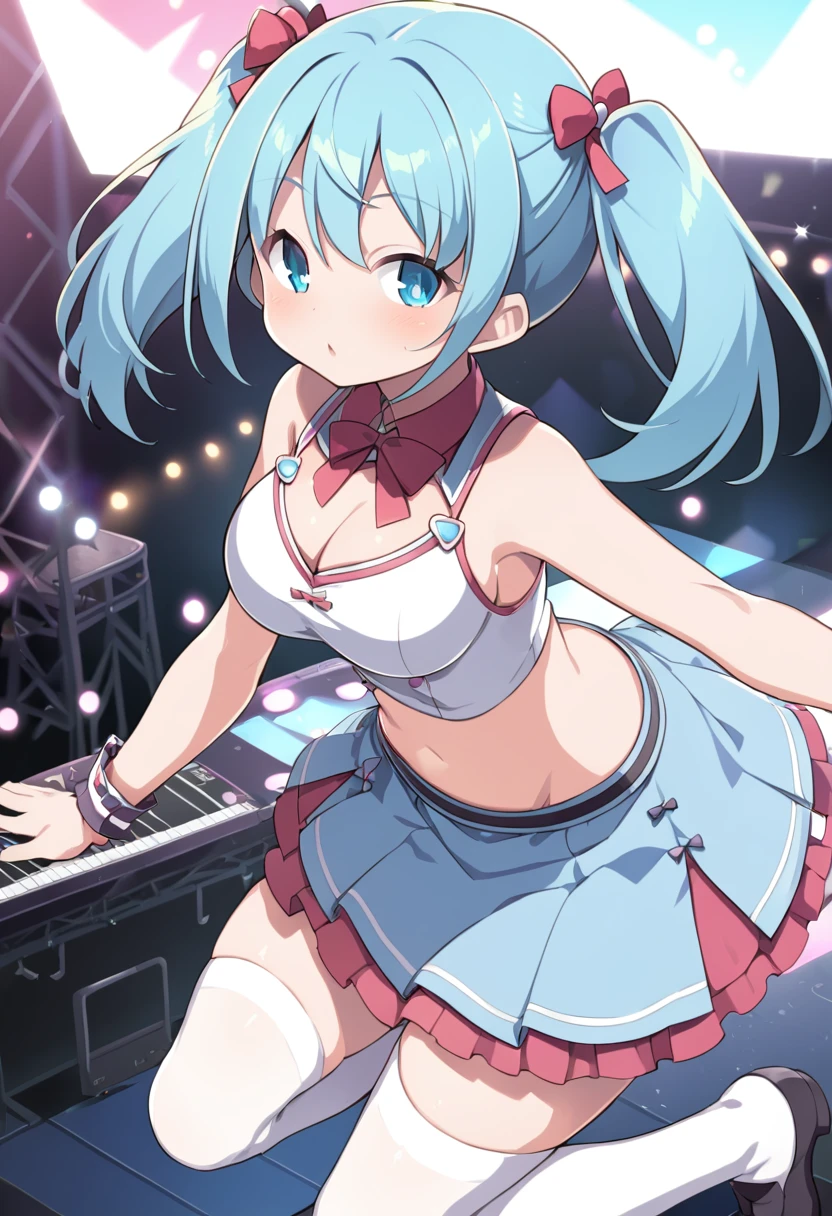 Ques, green hair, blue hair, twintails, blue eyes,, large breasts,, 13years old, Live Stage, solo nipple