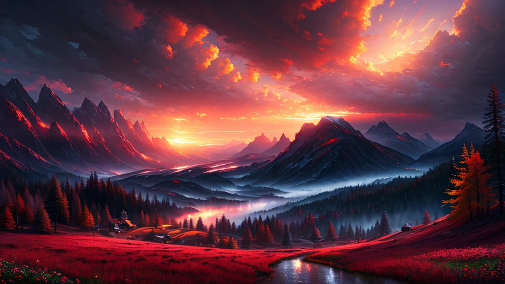 A real photographic landscape painting,Expansive view,Ominous sky,Red rose,Bright style,Light effect,Clearing,Clearing,Unreal engine,Thomas kinkade,artstation