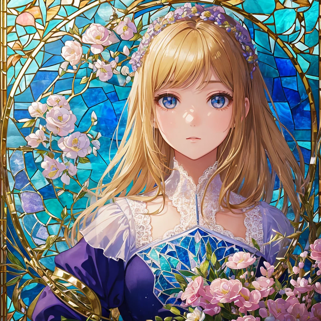 (((1 girl ))), masterpiece, highest quality, beautifully、aesthetic: 1.2, gem, Quality lace, Detailed frame, Flowers, water, A beautiful girl fits into the frame, Transparent and beautiful stained glass background, mosaic mura, blonde hair, bubbles, close up ,face