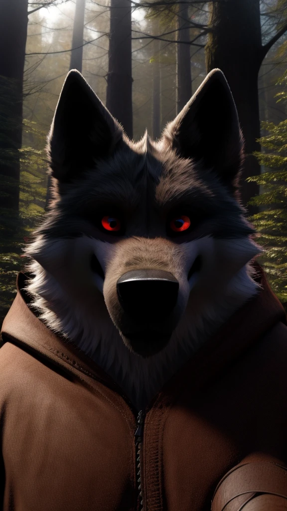 Feral Death wolf Looking at the viewer and red eyes Alone in the forest 10 month old puppy 