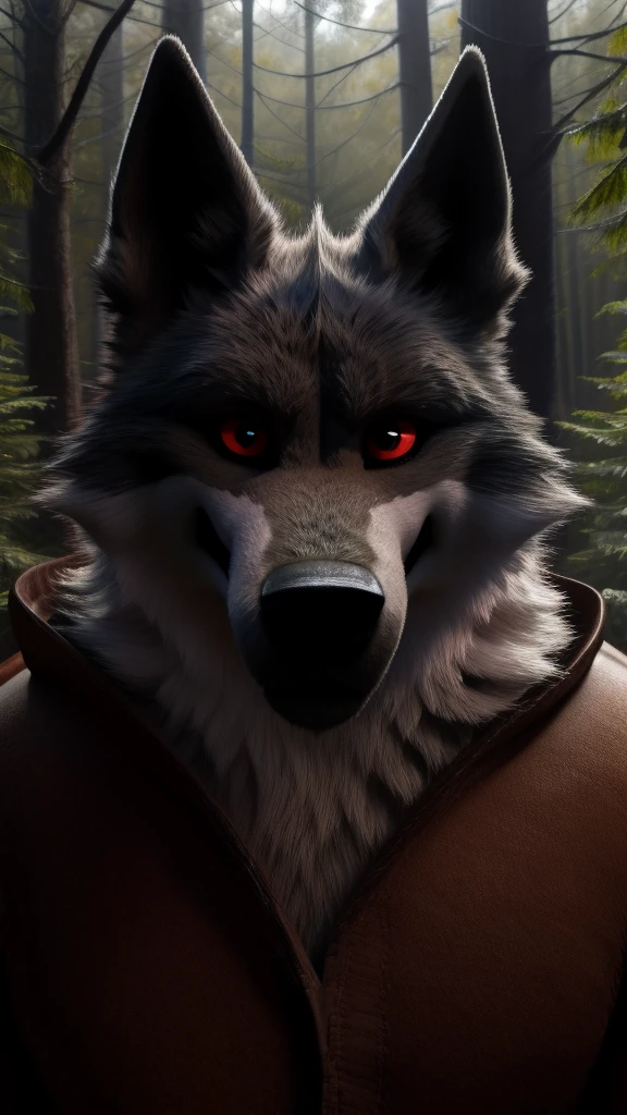Feral Death wolf Looking at the viewer and red eyes Alone in the forest 10 month old puppy