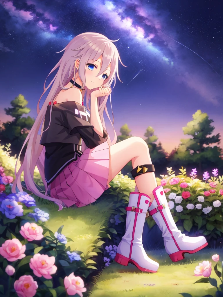 one girl, IA, vocaloid, skirt, black shirt, off shoulder, choker, beauty, girl from other planet, happy, mysterious girl, face focus, boots, sitting on garden, full body, hold knee, from side, look at sky, night sky