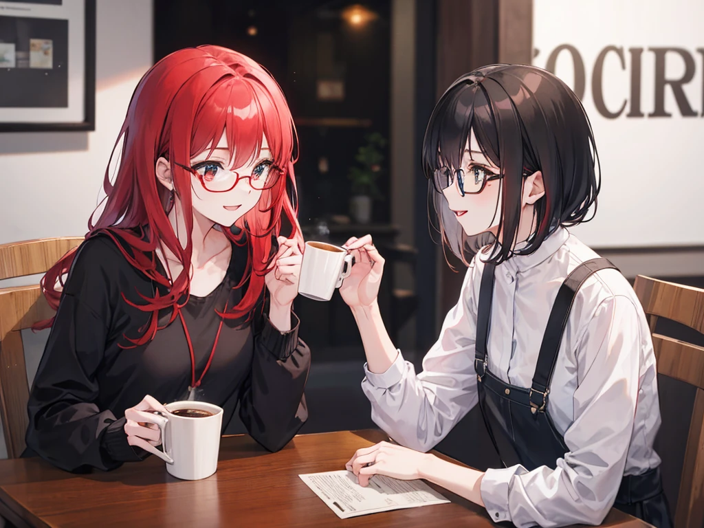 A red-haired woman and a black-haired man wearing glasses are drinking coffee and talking happily while facing each other at a table, it's raining at night, 28 years old