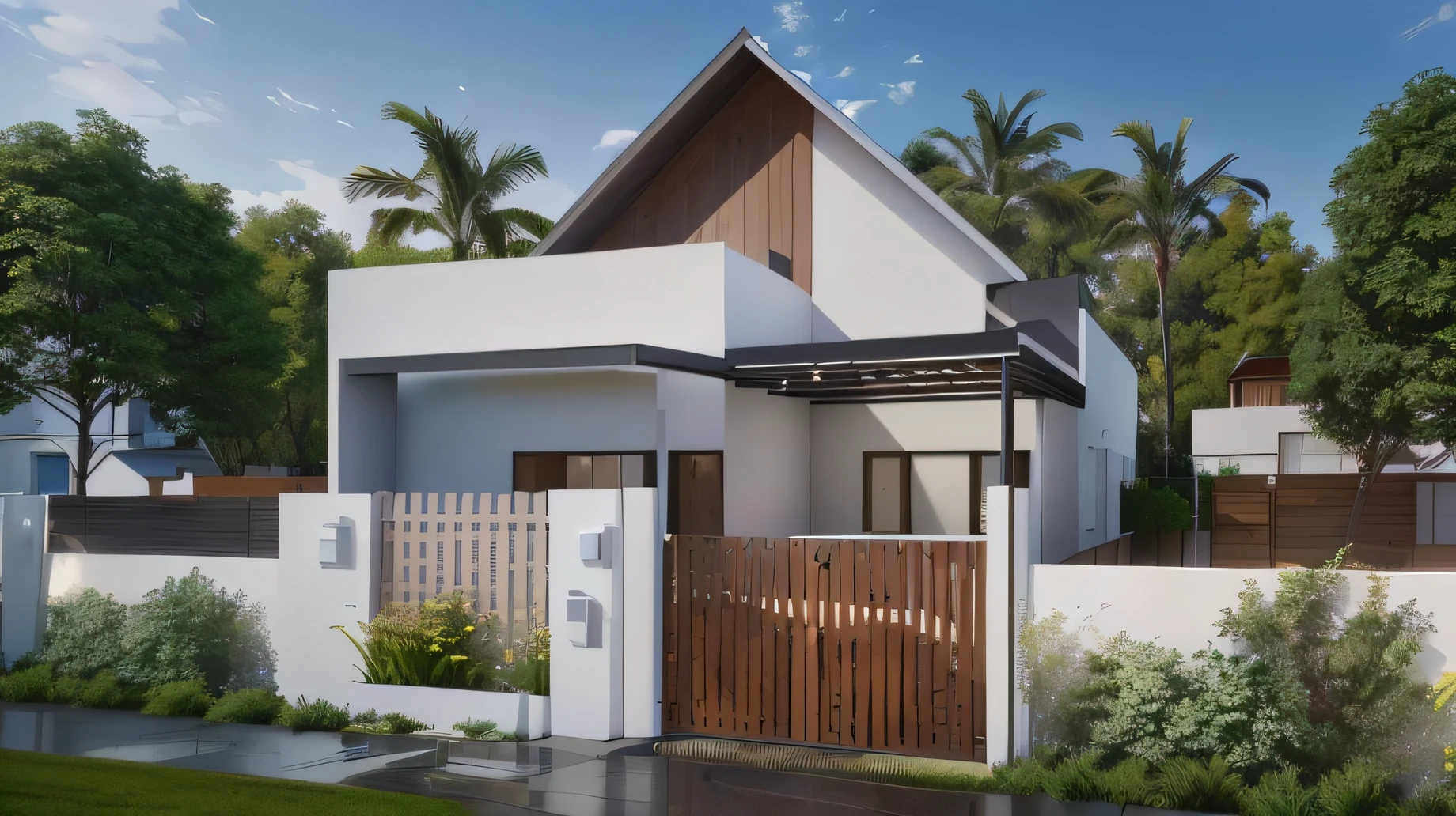 rendering of a modern house with a wooden fence and a white fence, overall architectural design, realistic render, professional render, lumion render, render to resolute perfection, exterior design, concept house, precise architectural rendering, architectural 3 d render, render amazing, realistic 3 d render, realistic 3d render, digital rendering, realistic 3 d style, render vray