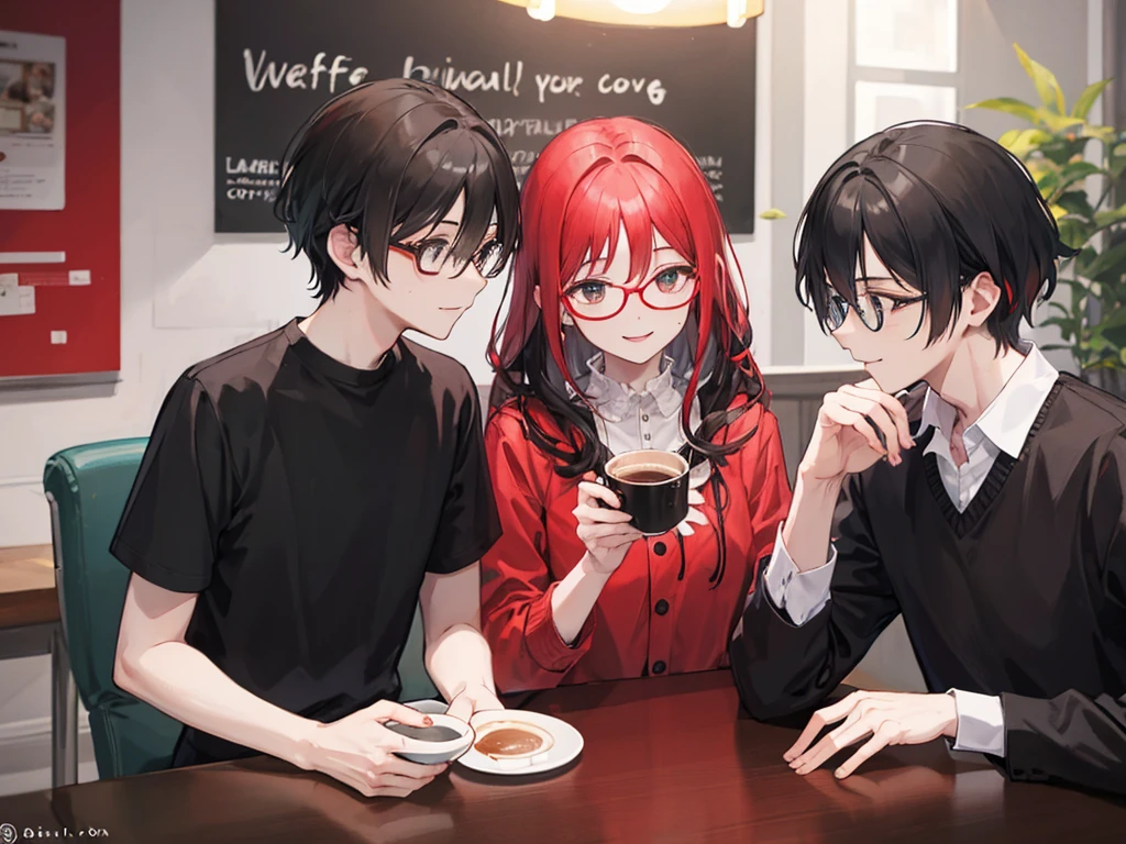 A red-haired woman and a black-haired man wearing glasses are drinking coffee and talking happily while facing each other at a table, it's raining at night, 28 years old