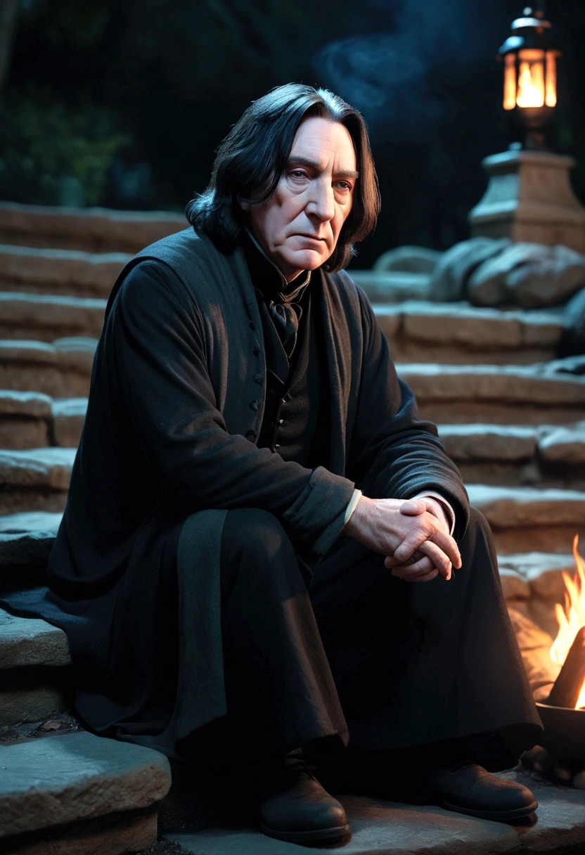 A senior Severus Snape sitting on stone stairs in a park at night watching a campfire, detailed facial features, highly detailed, cinematic lighting, dramatic atmosphere, muted color palette, moody, photorealistic, 8k, best quality
