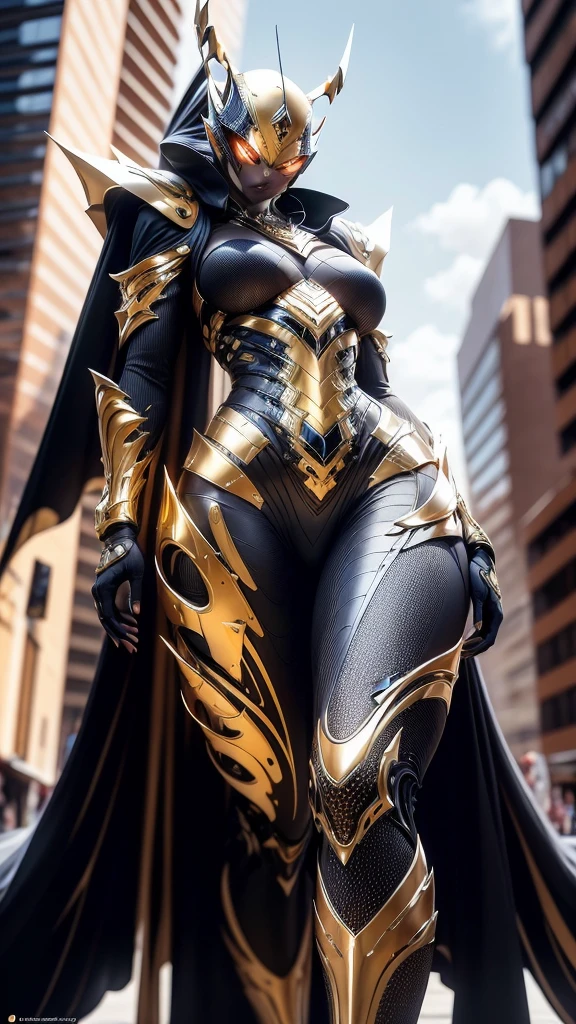 A woman adorned in fantasy-style full-body armor, a crown-concept fully enclosed helmet that unveils only her eyes, a composite layered chest plate, fully encompassing shoulder and hand guards, a lightweight waist armor, form-fitting shin guards, the overall design is heavy-duty yet flexible, (the armor gleams with a golden glow, complemented by red and blue accents), exhibiting a noble aura, she floats above a fantasy-surreal high-tech city, this character embodies a finely crafted fantasy-surreal style armored hero in anime style, exquisite and mature manga art style, (mixture of Queen bee and Spider concept Armor, plasma), ((Element, elegant, goddess, femminine:1.5)), metallic, high definition, best quality, highres, ultra-detailed, ultra-fine painting, extremely delicate, professional, anatomically correct, symmetrical face, extremely detailed eyes and face, high quality eyes, creativity, RAW photo, UHD, 32k, Natural light, cinematic lighting, masterpiece-anatomy-perfect, masterpiece:1.5