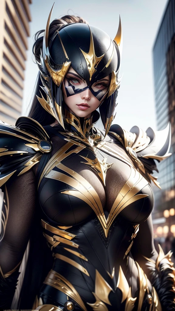 A woman adorned in fantasy-style full-body armor, a crown-concept fully enclosed helmet that unveils only her eyes, a composite layered chest plate, fully encompassing shoulder and hand guards, a lightweight waist armor, form-fitting shin guards, the overall design is heavy-duty yet flexible, (the armor gleams with a golden glow, complemented by red and blue accents), exhibiting a noble aura, she floats above a fantasy-surreal high-tech city, this character embodies a finely crafted fantasy-surreal style armored hero in anime style, exquisite and mature manga art style, (mixture of Queen bee and Spider concept Armor, plasma), ((Element, elegant, goddess, femminine:1.5)), metallic, high definition, best quality, highres, ultra-detailed, ultra-fine painting, extremely delicate, professional, anatomically correct, symmetrical face, extremely detailed eyes and face, high quality eyes, creativity, RAW photo, UHD, 32k, Natural light, cinematic lighting, masterpiece-anatomy-perfect, masterpiece:1.5