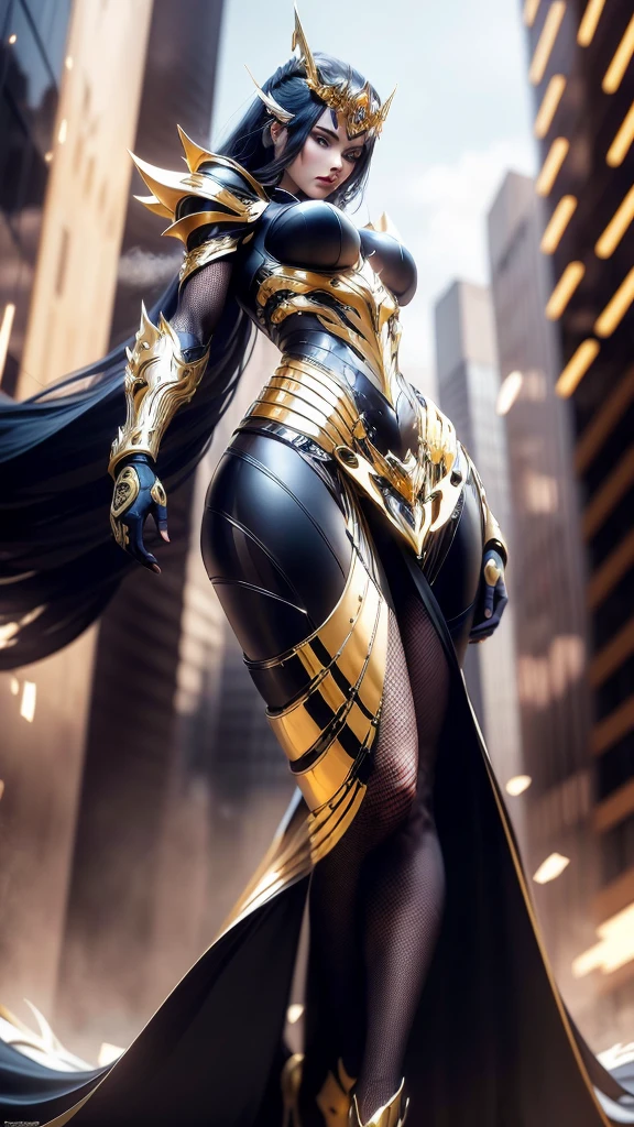 A woman adorned in fantasy-style full-body armor, a crown-concept fully enclosed helmet that unveils only her eyes, a composite layered chest plate, fully encompassing shoulder and hand guards, a lightweight waist armor, form-fitting shin guards, the overall design is heavy-duty yet flexible, (the armor gleams with a golden glow, complemented by red and blue accents), exhibiting a noble aura, she floats above a fantasy-surreal high-tech city, this character embodies a finely crafted fantasy-surreal style armored hero in anime style, exquisite and mature manga art style, (mixture of Queen bee and Spider concept Armor, plasma), ((Element, elegant, goddess, femminine:1.5)), metallic, high definition, best quality, highres, ultra-detailed, ultra-fine painting, extremely delicate, professional, anatomically correct, symmetrical face, extremely detailed eyes and face, high quality eyes, creativity, RAW photo, UHD, 32k, Natural light, cinematic lighting, masterpiece-anatomy-perfect, masterpiece:1.5