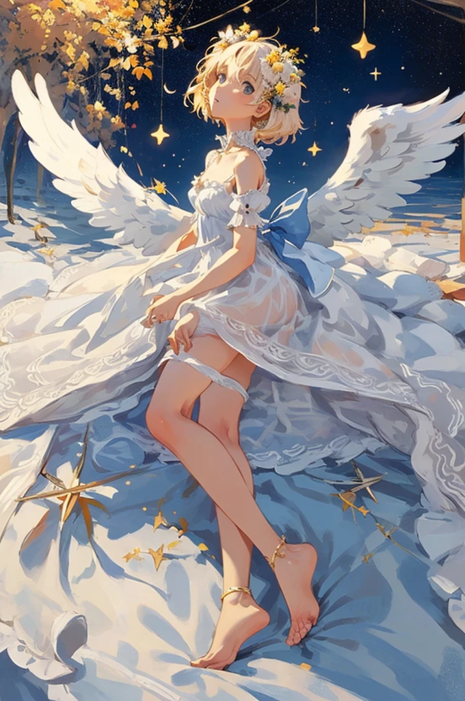 detailed full body portrait，(The girl looks up at the stars), Angelic, Angelic, (the angel's wings), white dresses，Mandy Jürgens (Mandy Jurgens) Realistic paintings created, Perverted, arte figurativa, Detailed depiction of the, realistically, An artwork of, contours， seen from the side， simple backgound，(lamplight:1.0)，tmasterpiece，Best quality，