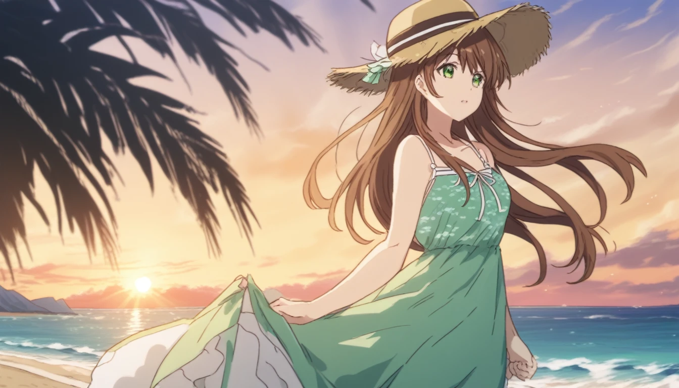 Hina Tachibana, long hair, brown hair, green eyes, Summer Dress, long dress, Beach, wind, pleasure, sunset, hat
