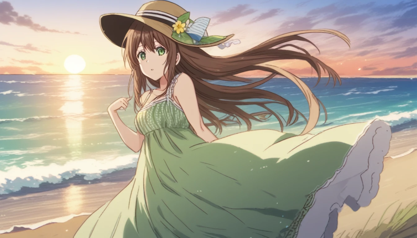 Hina Tachibana, long hair, brown hair, green eyes, Summer Dress, long dress, Beach, wind, pleasure, sunset, hat
